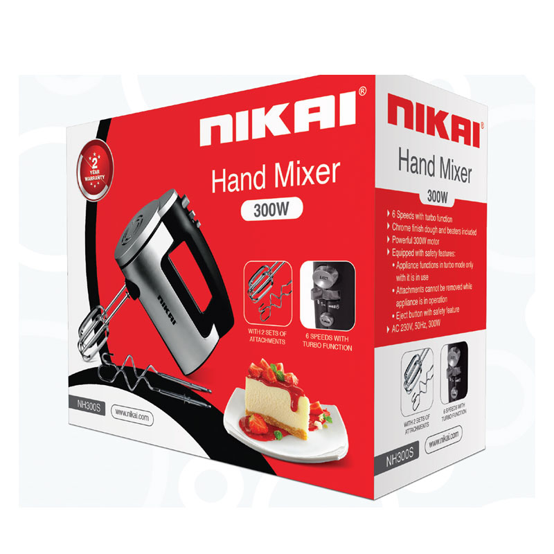 Nikai Hand Mixer 300W 6 Speeds + Turbo Function 2 Attachments Two Beaters For Eggs & Creams Two Hooks For Mixing Dough NH300S