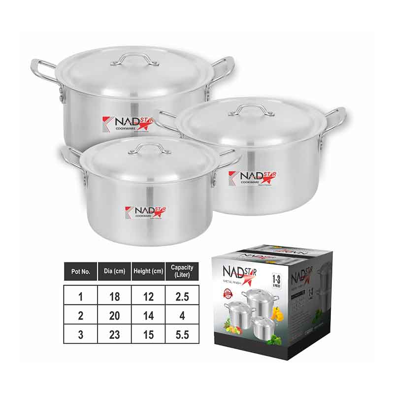 Cookware Set 3Pcs Set With Lid & Handle Metal Finish Sufuria 2.5L, 4L, 5L 1x3