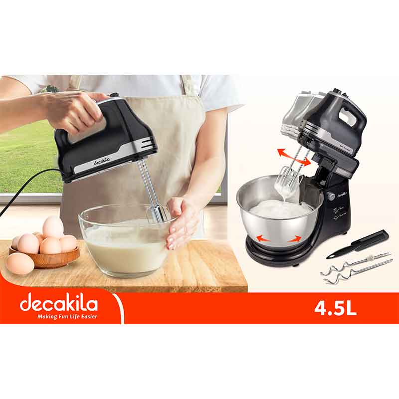 Decakila Hand Mixer 400W With 4.5L Stainless Steel Bowl 5 Speed With Turbo Automatic Rotation Steel Beaters & Hook KEMX013B