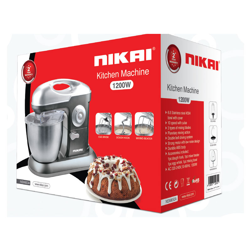 Nikai Kitchen Machine 1200W 6.5L 10 Speeds + Pulse 3 Attachments Dough Hook, Beater, Whisk, Continuous Speeds, Splash-Proof Lid, Die Cast Aluminium Hooks, an...