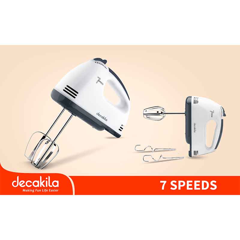 Decakila Hand Mixer 120W 7 Speed White Steel Beaters & Hook With Speed Control Knead or Beat & Mix KEMX016W