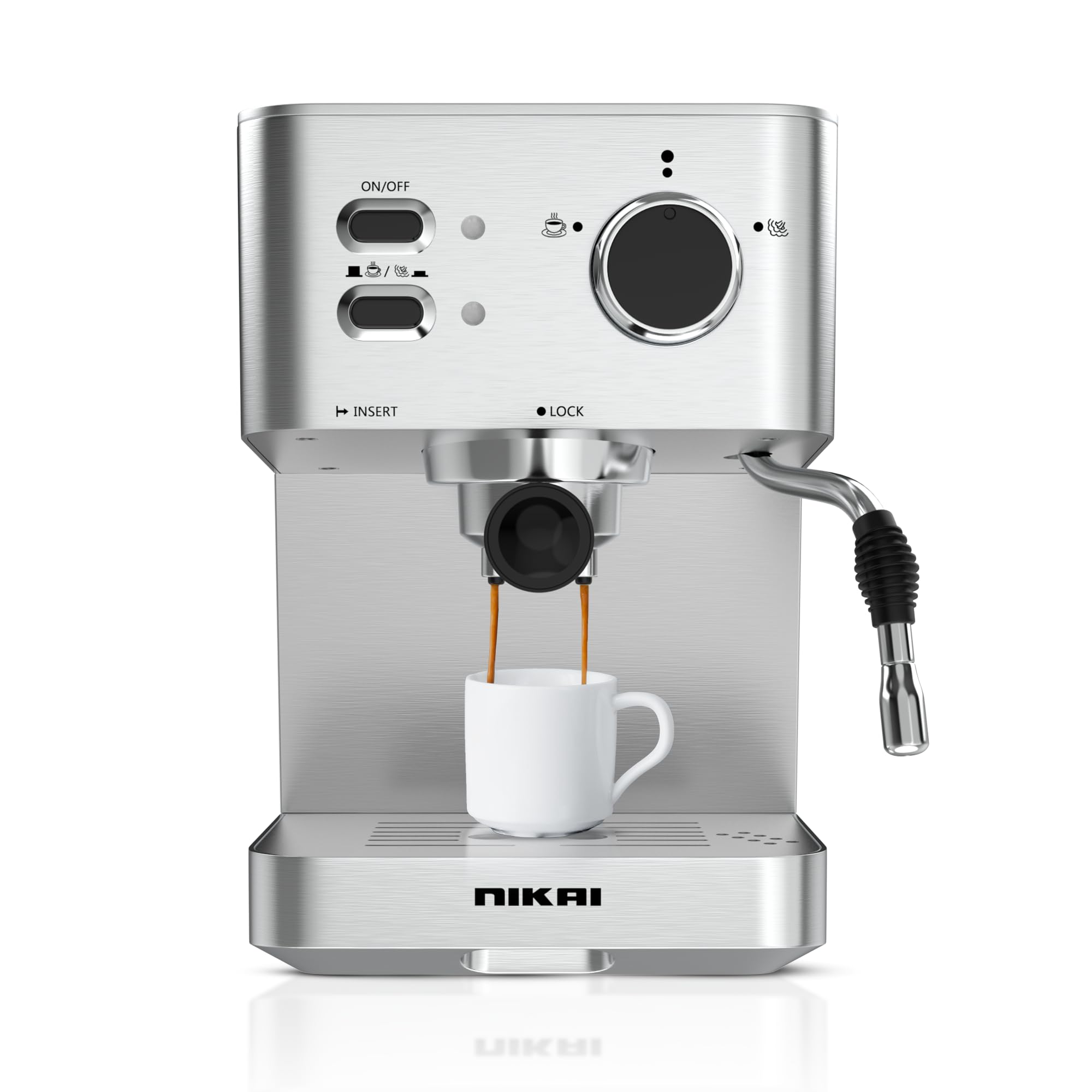 Nikai Coffee Maker 1050w For Making Espresso, Cappuccino & Latte - Stainless Steel Coffee Machine with 2-Cup Filter, Pre-Heating System & High-Pressure Froth...