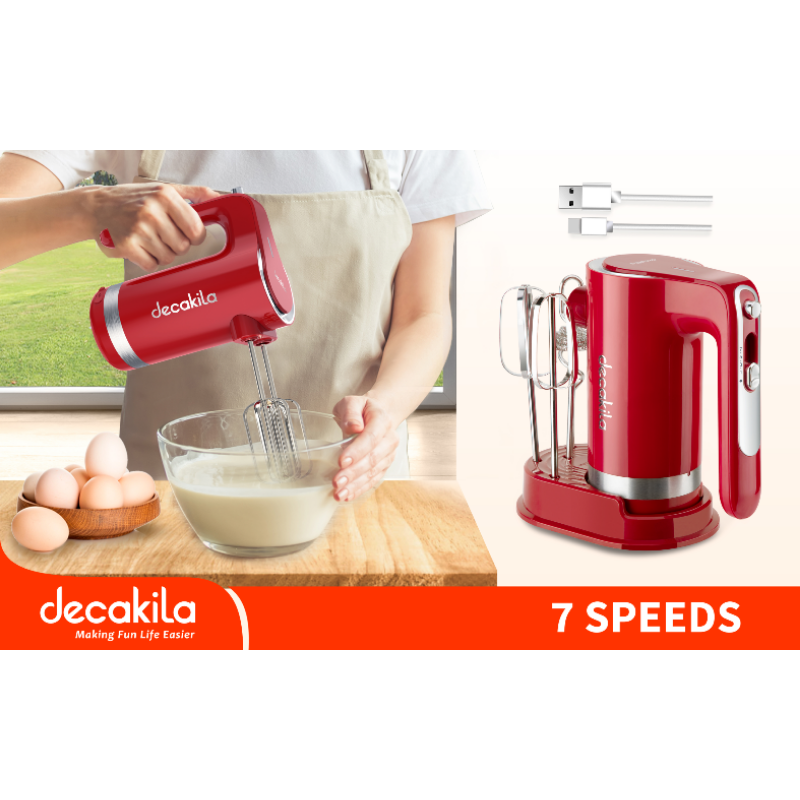 Decakila Hand Mixer 90W Cordless 7 Speeds 2 Attachments Rechargeable USB Chargers Easy to Charge KMMX006R