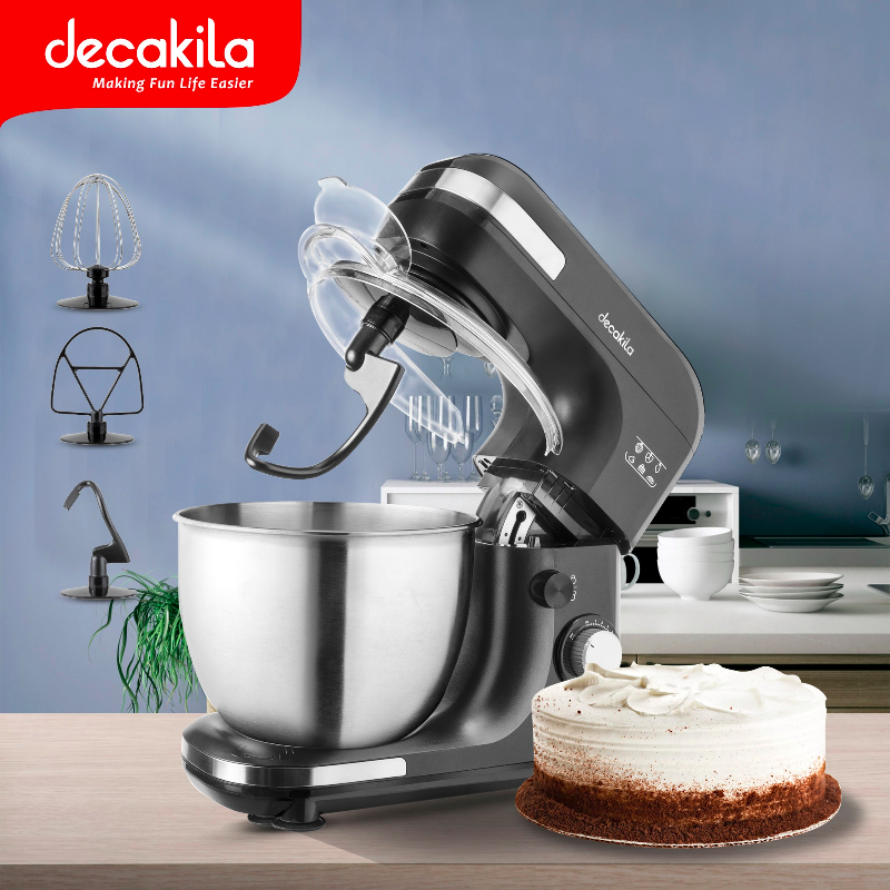 Decakila Stand Mixer 600W 5L 7 Speeds 3 Attachments Lift-able Head Mixer With Transparent Splash Guard Plastic Body With Stainless Steel Decoration Ring KEMX...