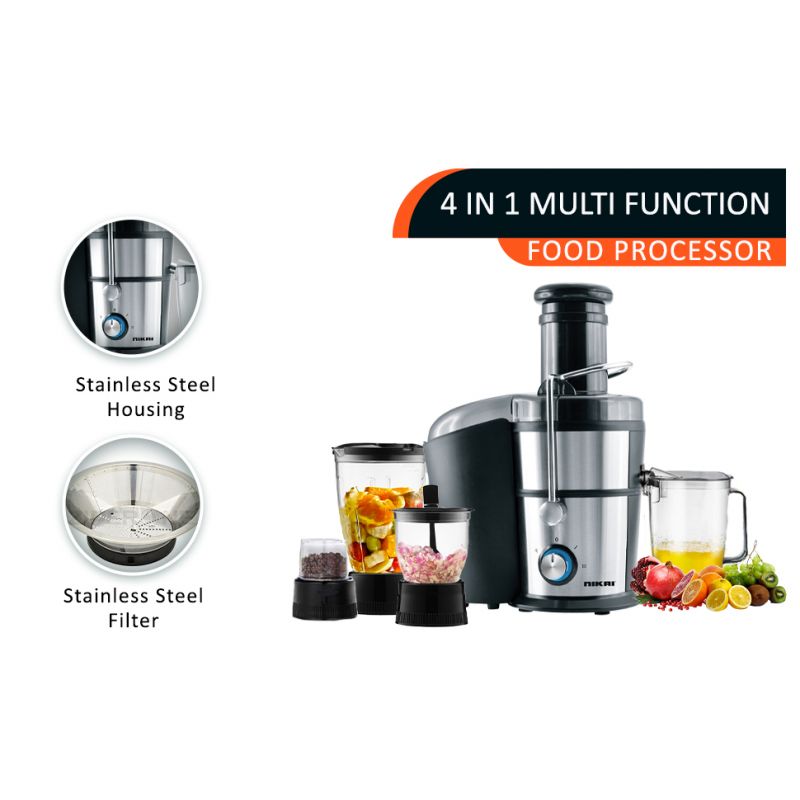 Nikai Food Processor 4in1 800W 1.1L Glass Jar Juicer, Blender, Mixer, Mincer 2 Speeds + Pulse NFP881G