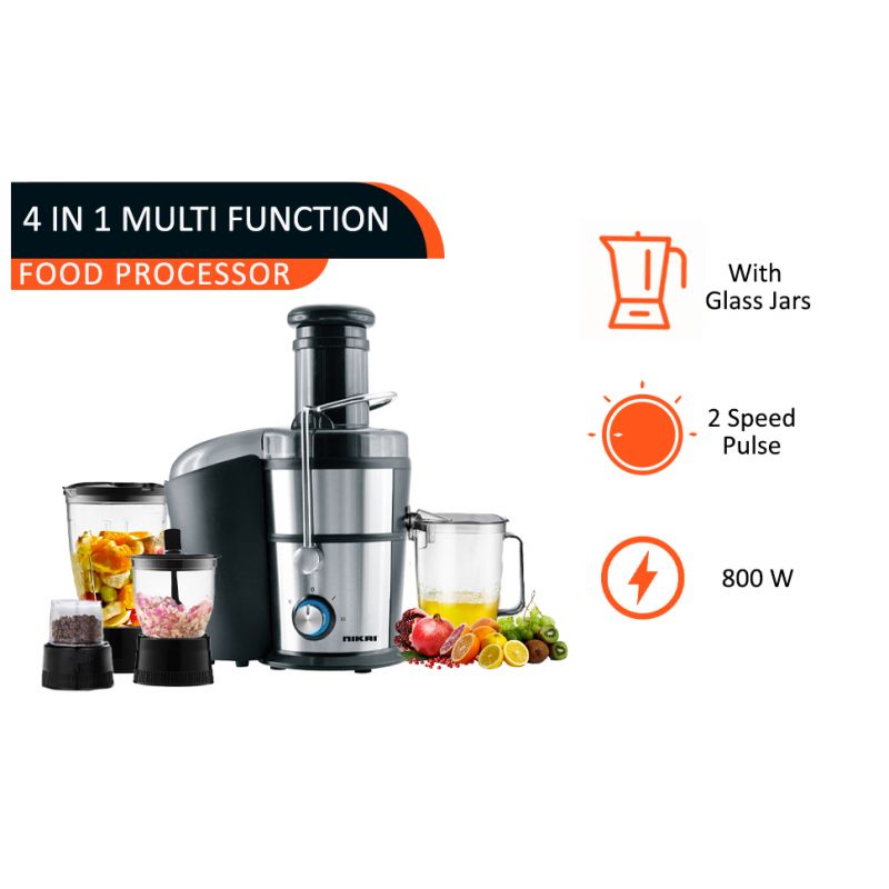 Nikai Food Processor 4in1 800W 1.1L Glass Jar Juicer, Blender, Mixer, Mincer 2 Speeds + Pulse NFP881G