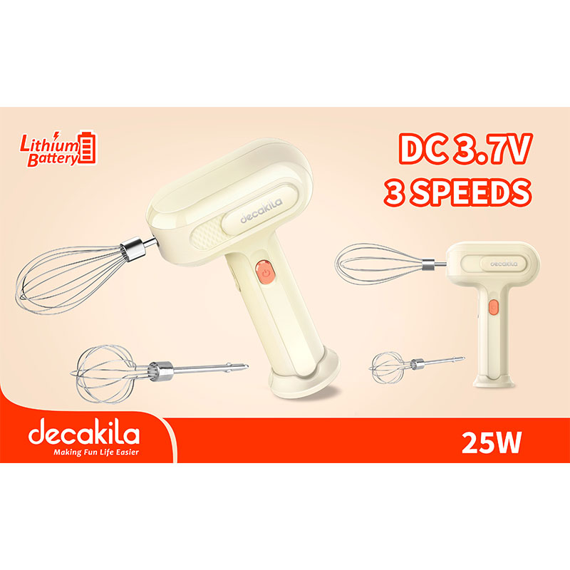 Decakila Hand Mixer 25W 3 Speeds 2 Attachments Rechargeable 1500mAh 2 Pcs Whisk Sticks 1 Pcs USB Charging Line KMMX018E