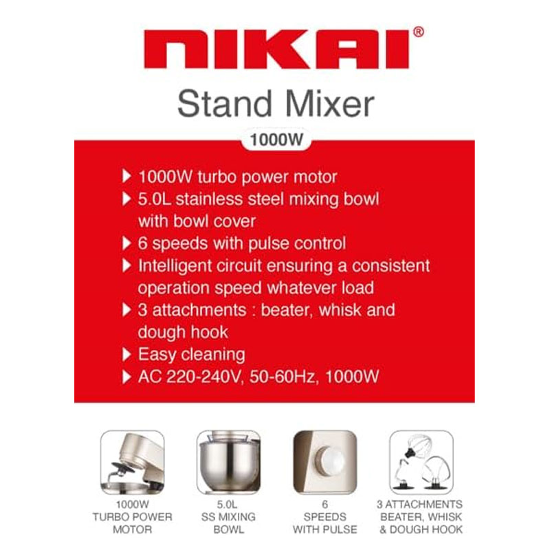 Nikai Kitchen Machine 1000W 5L Mixer, 6 Speed With Pulse, With 3 Mixing Modes (Beater, Whisker and Dough Hook) NSM500A