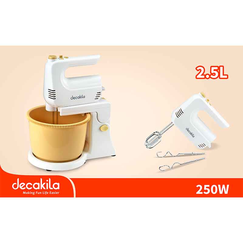 Decakila Hand Mixer 250W With 2.5L Bowl 5 Speed With Turbo White & Gold Steel Beaters & Hook KEMX020W