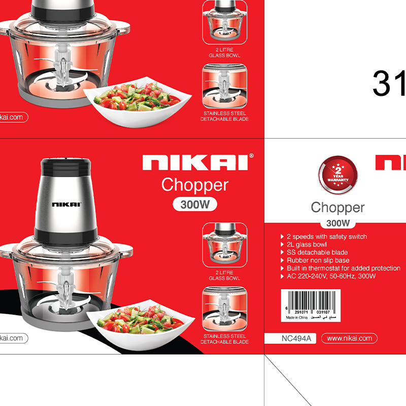 Nikai Chopper 300W SS Blade 2L Glass Bowl Mini Chopper 2 Speeds With Safety Switch Stainless Steel Detachable Blade NC494A