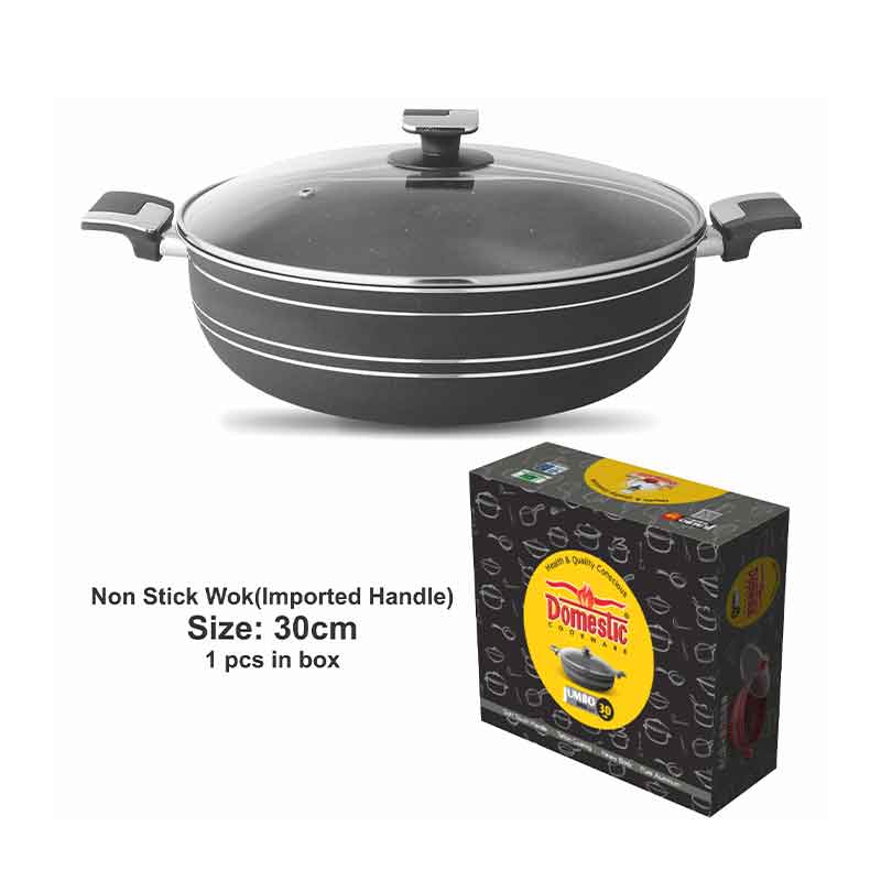 Majestic Wok 30CM With Handle & Lid Non Stick Marble Coating Heat Tempered Glass Lids Heat Resistant Bakelite Handles For Easy Grip W30