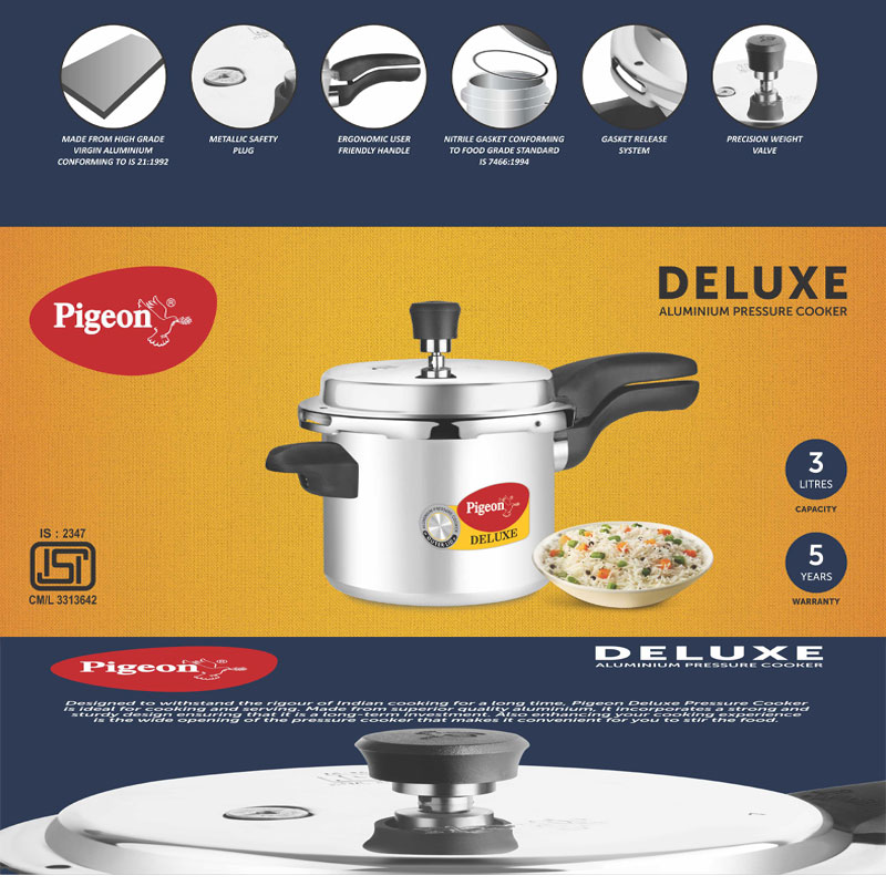 Pigeon Pressure Cooker 3L Deluxe Aluminium Outer Lid Gas Stove Compatible Ergonomically Designed Handle PP3