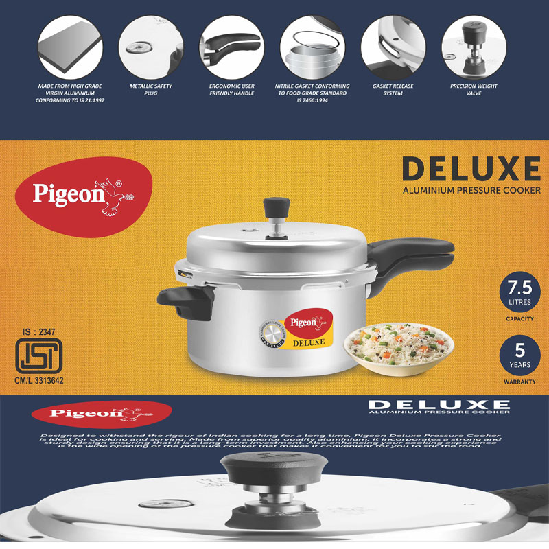 Pigeon Pressure Cooker 7.5L Deluxe Aluminium Outer Lid Gas Stove Compatible Ergonomically Designed Handle PP7.5