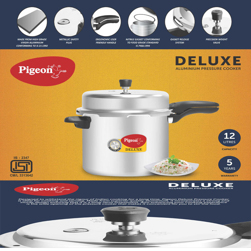 Pigeon Pressure Cooker 12L 106 Deluxe Aluminium Outer Lid Gas Stove Compatible Ergonomically Designed Handle Pancake Pan Flat Pan Dosa Pan PP12