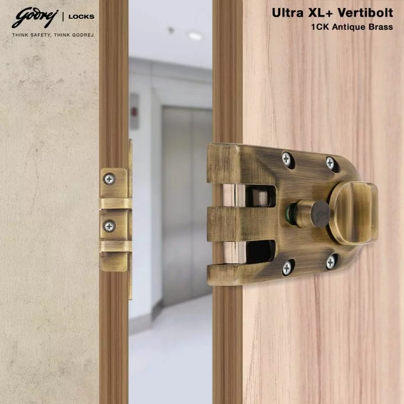 Godrej Rimlock Locking Solutions and Systems Locks Ultra XL+ Vertibolt 1 Ck, Keyless Entry, Vertical Locking Bolt Movement Antique Brass Finish 4290