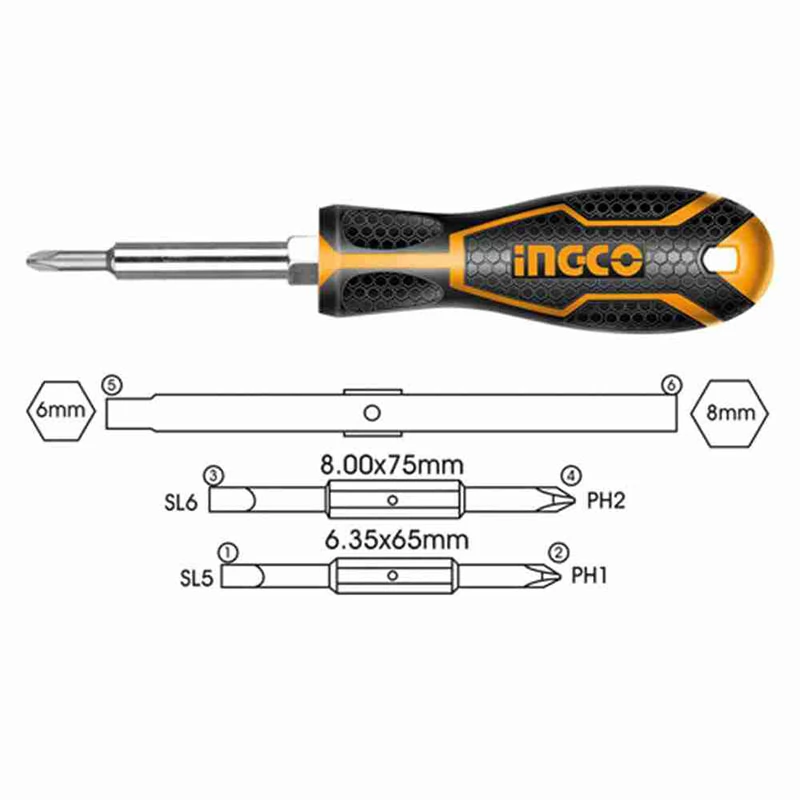 Ingco Screwdriver 6in1 Set 6.35x65mm AKISD0608