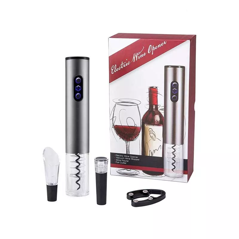 Electric Wine Opener 4pc Set with Deluxe Package Includes Wine Accessories of Foil Cutter, Wine Pourer and Vacuum Wine Stopper Silver