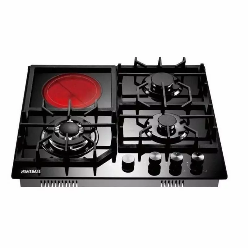 Homebase Table Top Cooker 3 Gas Burners, 1 Electric Hot Plate Glass Top HB-4818D4