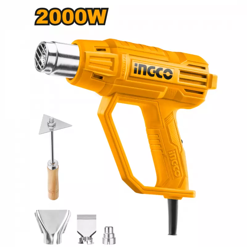 Ingco Heat Gun 2000W Airflow 250 L/min with 1 PCs Reduction Nozzle, Reflector Nozzle, Flat nozzle & Scraper HG200038