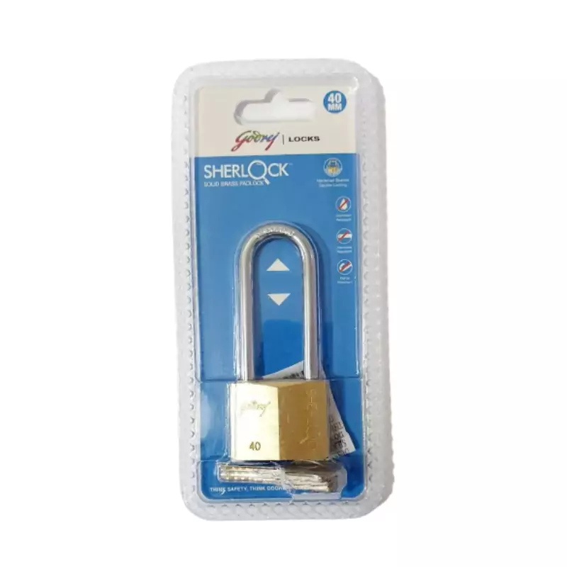 Godrej Sherlock 40mm Padlock with Long Shackle for Durability and Security Brass 2596