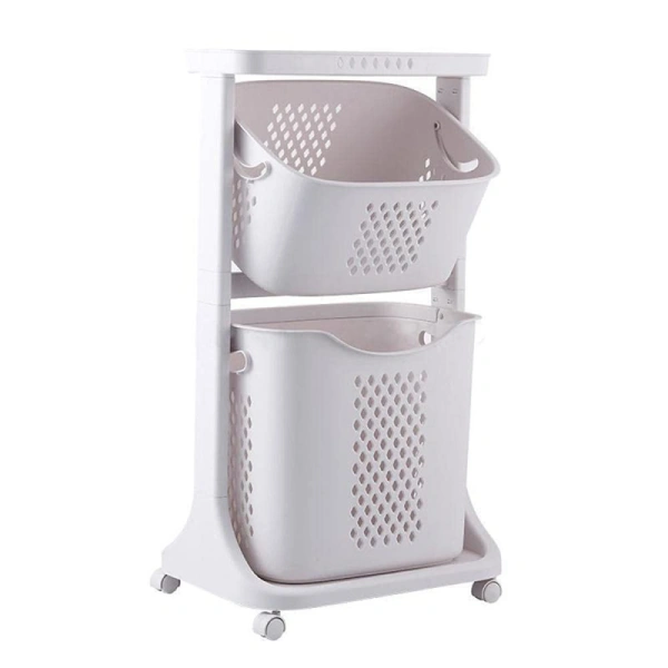 Storage Basket, 2 Deck Bathroom Clothes Storage Basket Multi-layer Universal Wheel Rack Grocery Organizer K998-3A